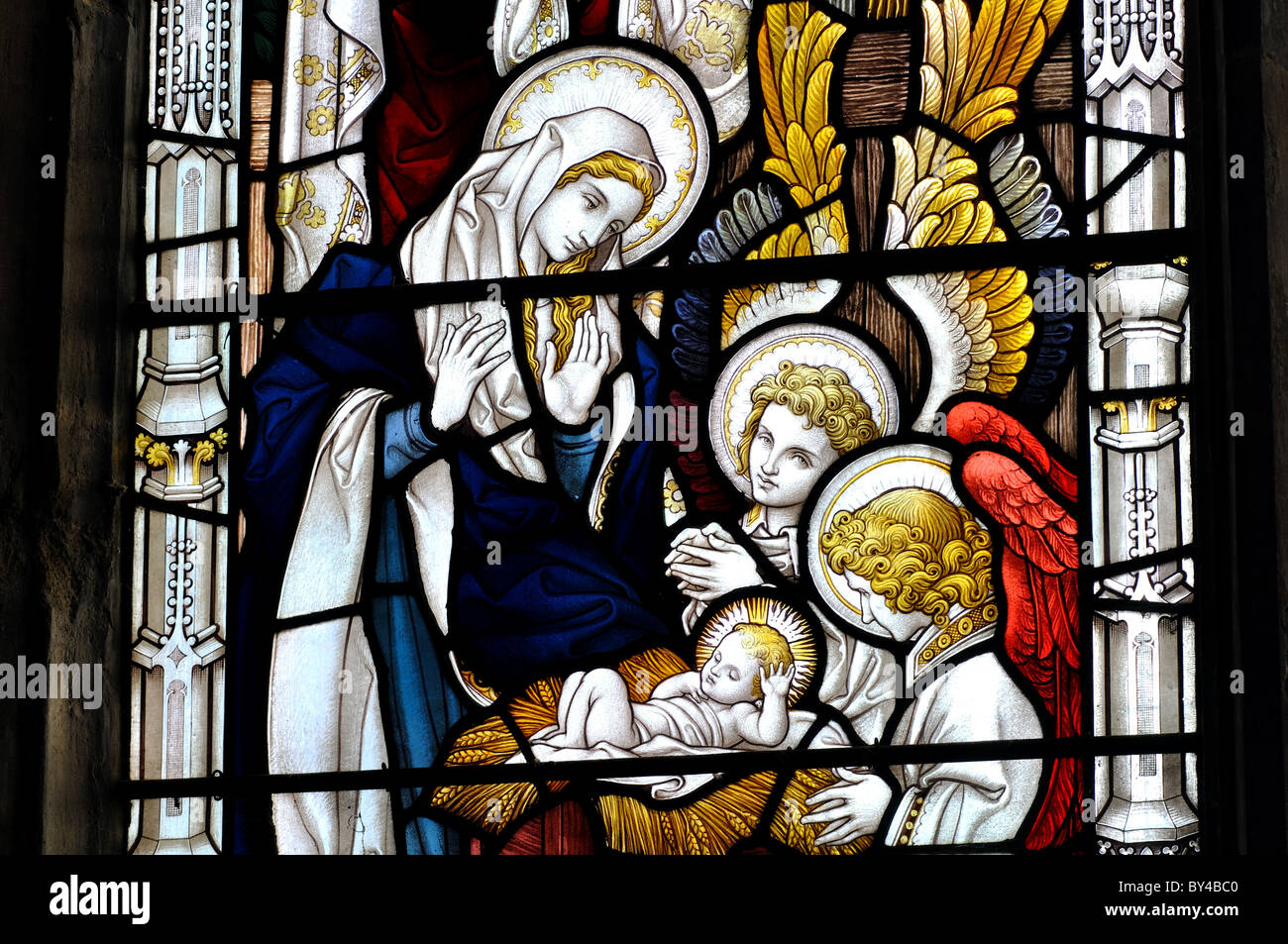 Nativity stained glass, St. Michael`s Church, Warmington, Warwickshire, England, UK Stock Photo